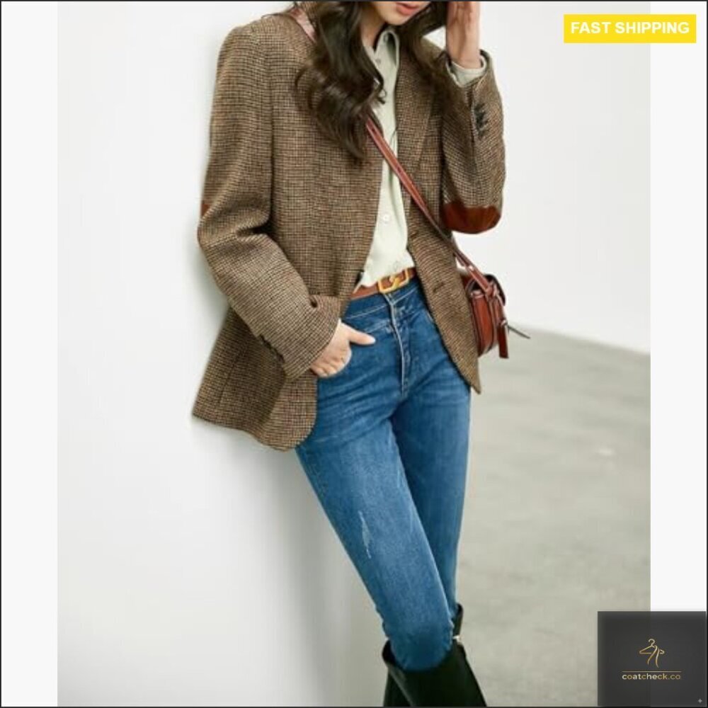 Wool Blend Blazer Classic Plaid Business Casual Work Coat Elegant Retro - Picture 2 of 7
